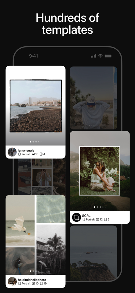 Affichage de divers modèles de collages photo esthétiques et de carrousels dans l'application SCRL