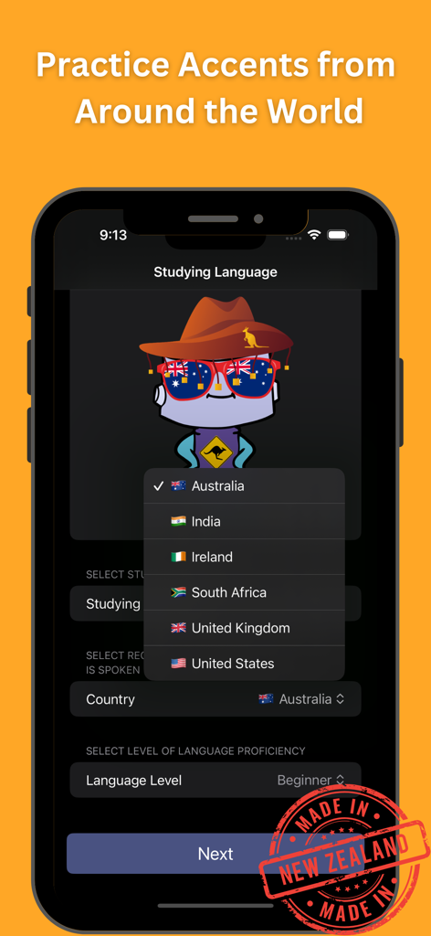 iPolyglot: Learn Language AI - IPolyglot app screen showing regional accent selection for language practice