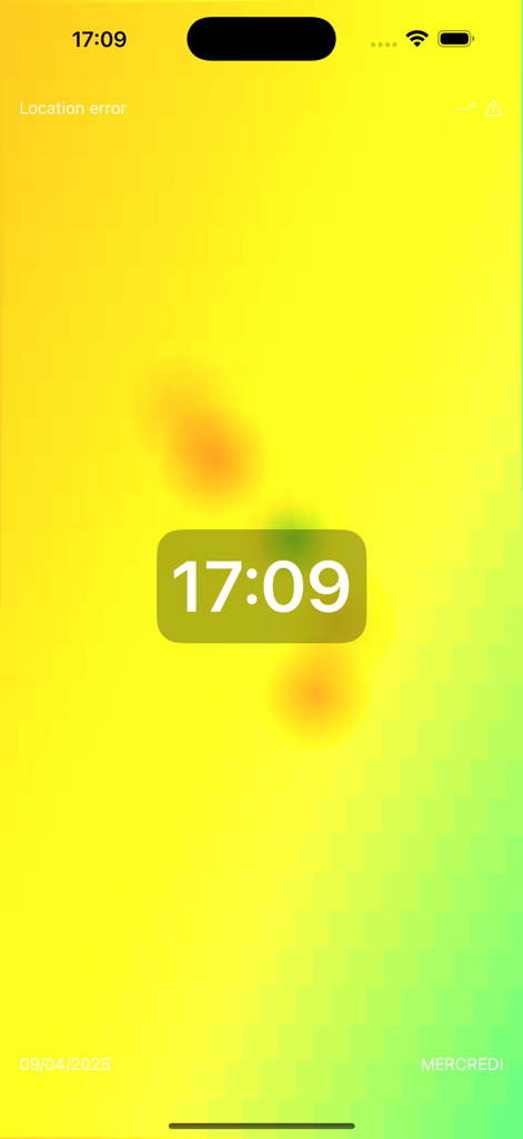 Lava Clock - Una interfaz de reloj digital con un fondo de gradiente amarillo y verde brillante
