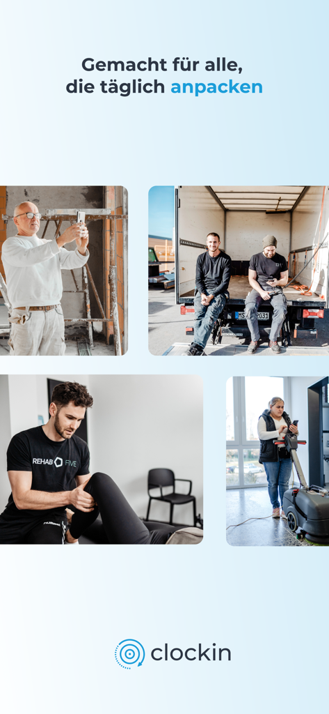 clockin – Zeiterfassung - Diverse workers in construction, healthcare, and logistics using the clockin app for time tracking and documentation.