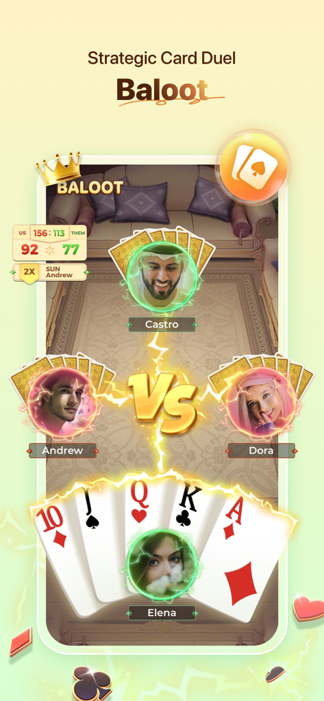 A strategic Baloot card duel between four players on the Yalla mobile app interface.