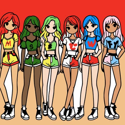 a group of girls wearing crop tops and shorts