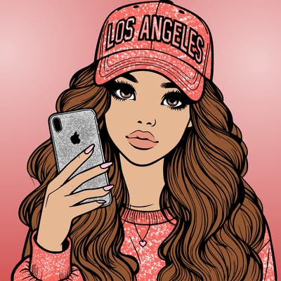 realistic beautiful girl wearing los ángeles cap holding an iphone