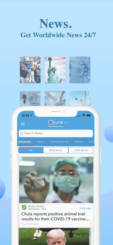 Oigetit mobile app interface displaying worldwide news with AI powered reliability trust ratings