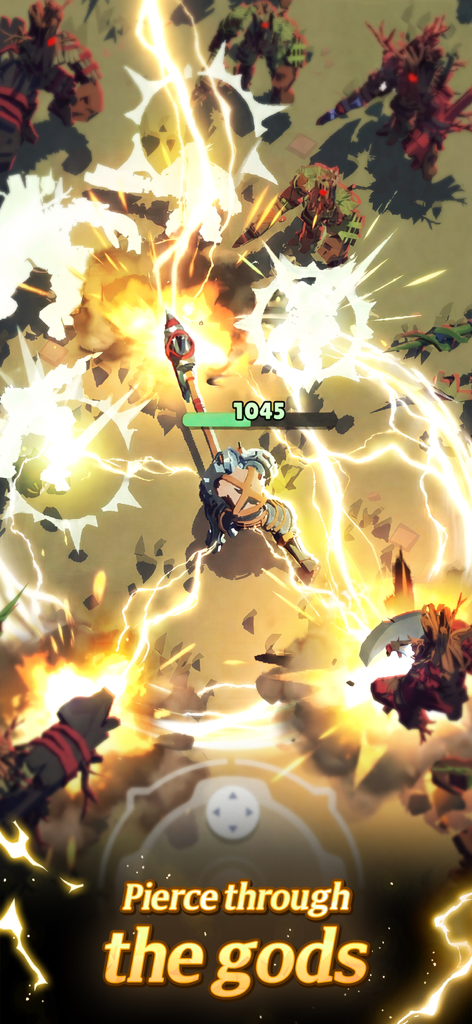 God Breaker: Roguelike ARPG - God Breaker gameplay showing a character performing a massive lightning attack against several enemies with the caption Pierce through the gods.