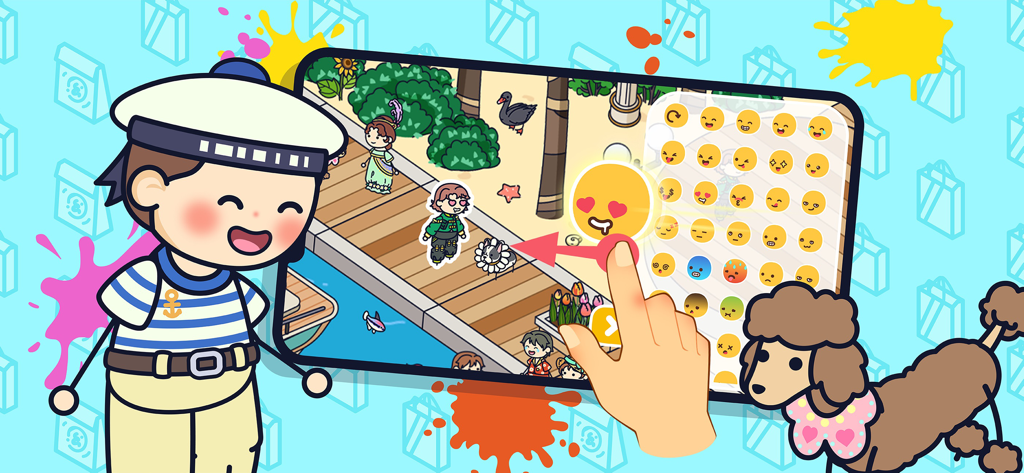 Sélection des expressions de personnages dans un menu d'emojis dans Topia City Life