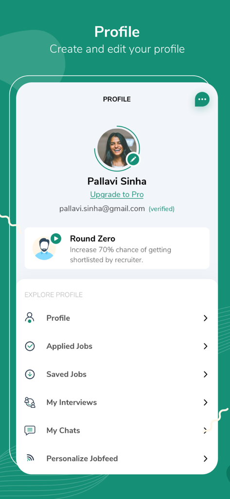 iimjobs : Find Management Jobs - User profile dashboard on iimjobs app showing application tracking and account settings
