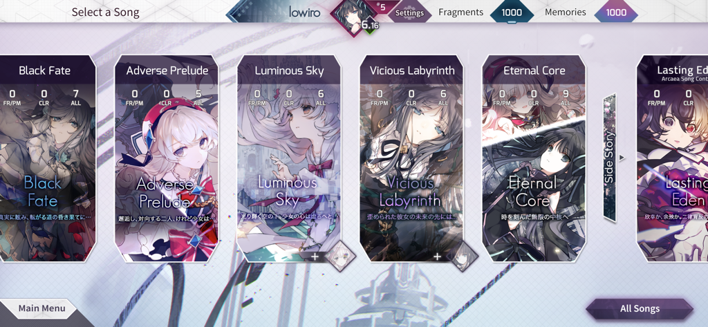 Écran de sélection de chansons du jeu Arcaea montrant divers packs de musique comme Black Fate et Luminous Sky avec des illustrations de personnages anime