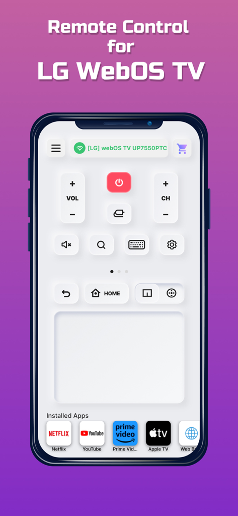 Remote for LG TV - WebOS TV - Remote for LG TV app interface on iPhone featuring smart TV controls and streaming app shortcuts