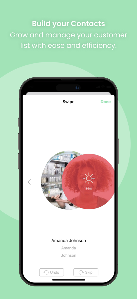 THREE International - Interfaccia dell'app mobile THREE International che mostra una funzione di scorrimento per categorizzare i contatti aziendali come potenziali clienti 'hot'.