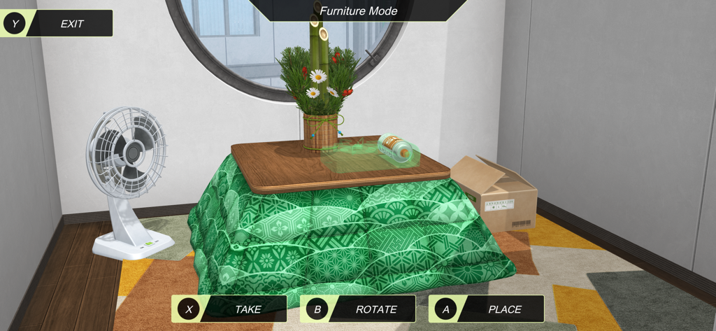 Anime City - Furniture Mode interface in Anime City showing apartment decoration with a kotatsu