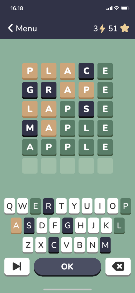 Gameplay of Ordle word puzzle app showing a 5-letter word guessing challenge with a minimalist interface.