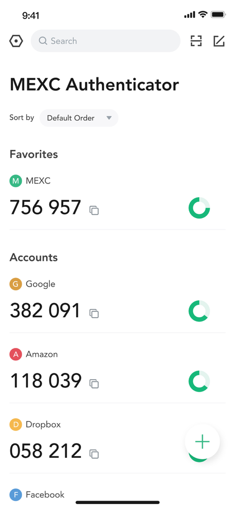 MEXC Authenticator 인터페이스는 Google 및 Amazon을 포함한 여러 계정에 대한 2FA 코드를 표시합니다.