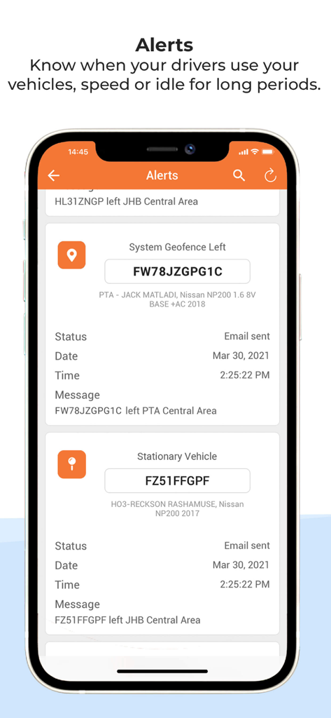 Cartrack GPS, Vehicle & Fleet - Cartrack-App-Oberfläche mit Echtzeit-Fahrzeugwarnungen für Geofencing und Leerlaufstatus