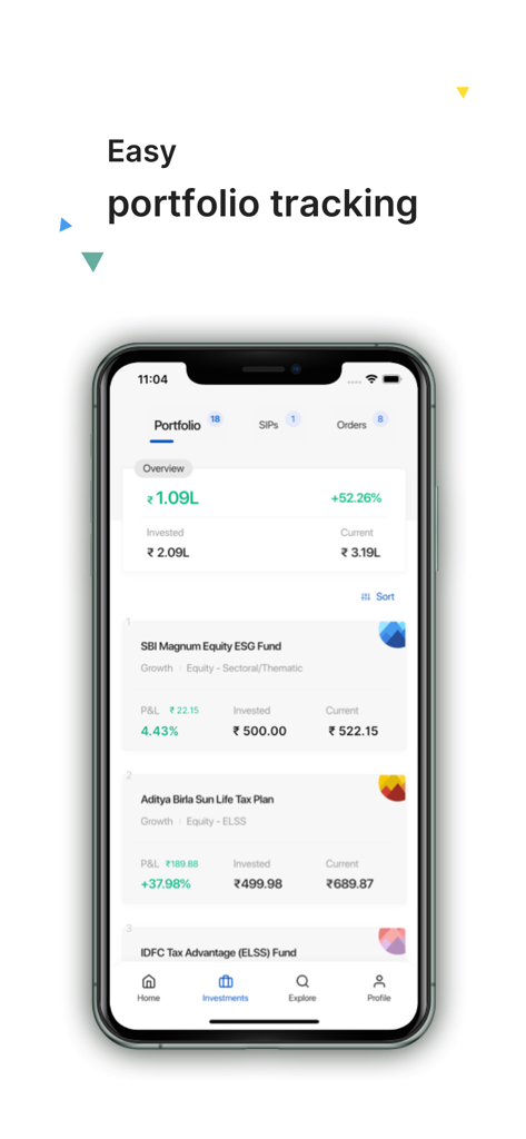 Smartphone screen displaying the Coin by Zerodha app portfolio with mutual fund investment details and profit metrics.
