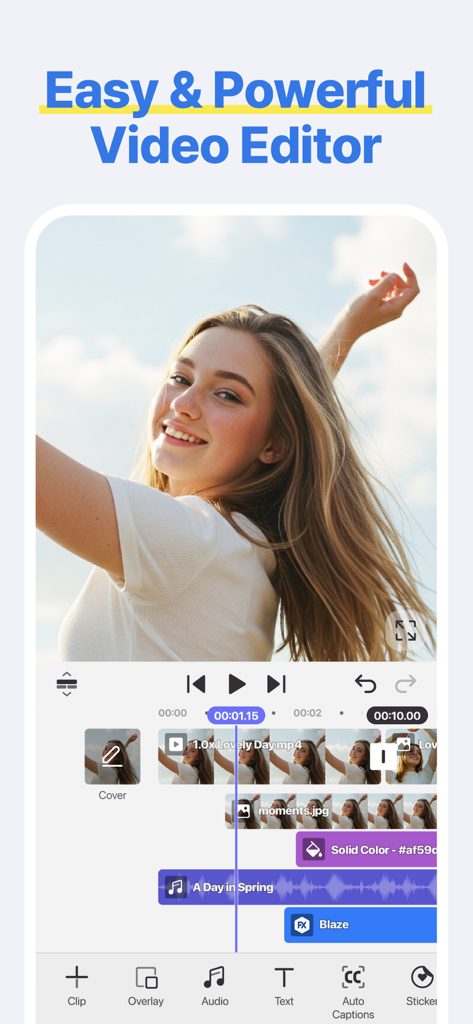 Interface d'édition vidéo mobile de l'application Spring montrant une timeline multi-pistes et des outils d'édition pour les réseaux sociaux