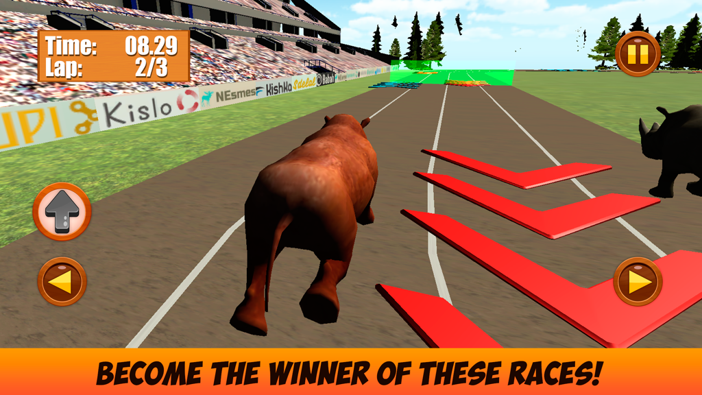 Wild Animal Racing Challenge 3D - Gameplay screenshot showing a rhino racing on an athletics track in a stadium