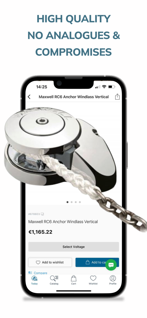 iPhone zeigt eine Produktseite für einen Maxwell RC6 Ankerwinsch in der Yacht Supply App an