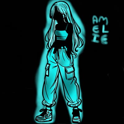 girl in baggy pants crop top and long hair