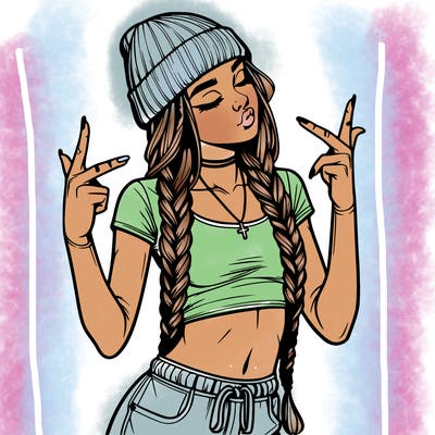 realistic teenage girl with braids and a beanie and crop top doing 🫶🏼