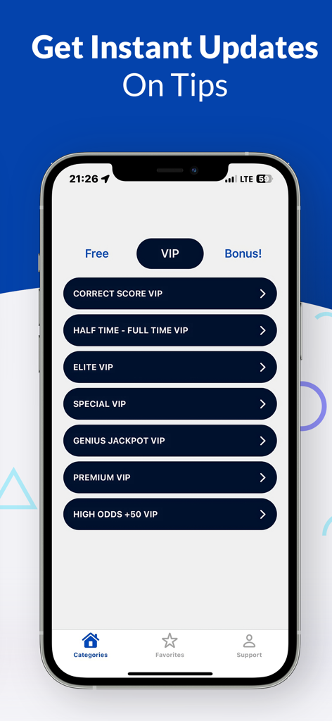 Mobile app interface for Genius Bet showing VIP sports betting tip categories