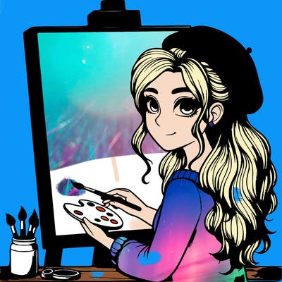 realistic girl artist painting a blank canvas