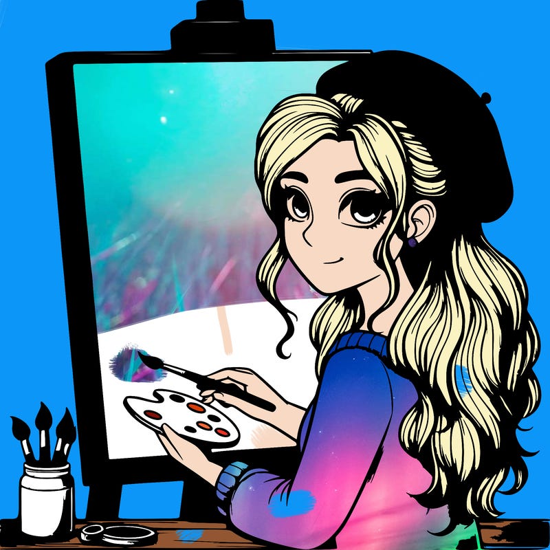 realistic girl artist painting a blank canvas