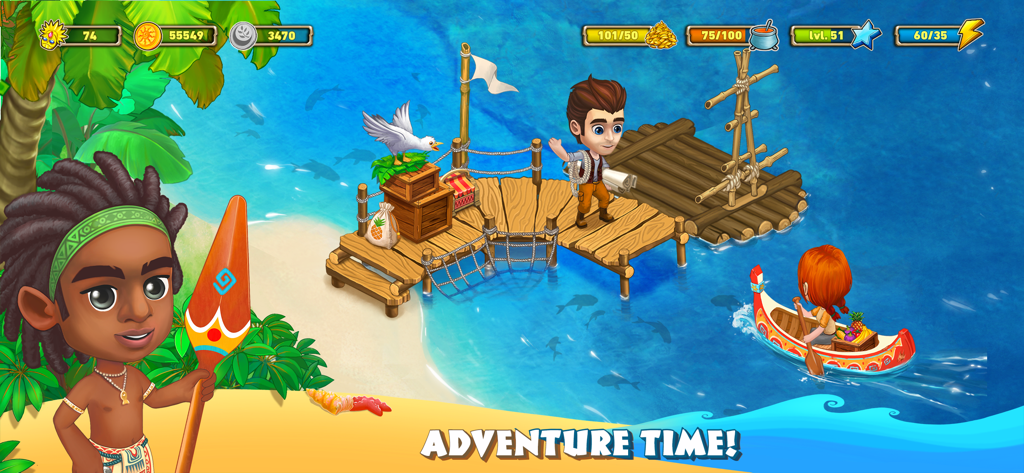 Bobatu Island: Survival Quest - Una escena de isla tropical de Bobatu Island Survival Quest que muestra personajes en un muelle de madera y una canoa con agua azul clara