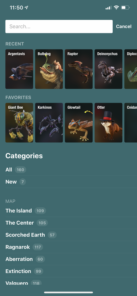 Dododex app screen showing recent and favorite creatures with a list of game maps like The Island and Scorched Earth