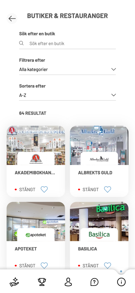Kupolens Kundklubb - Screenshot des Geschäfts- und Restaurantverzeichnisses in der Kupolens Kundklubb-App mit Such- und Filteroptionen