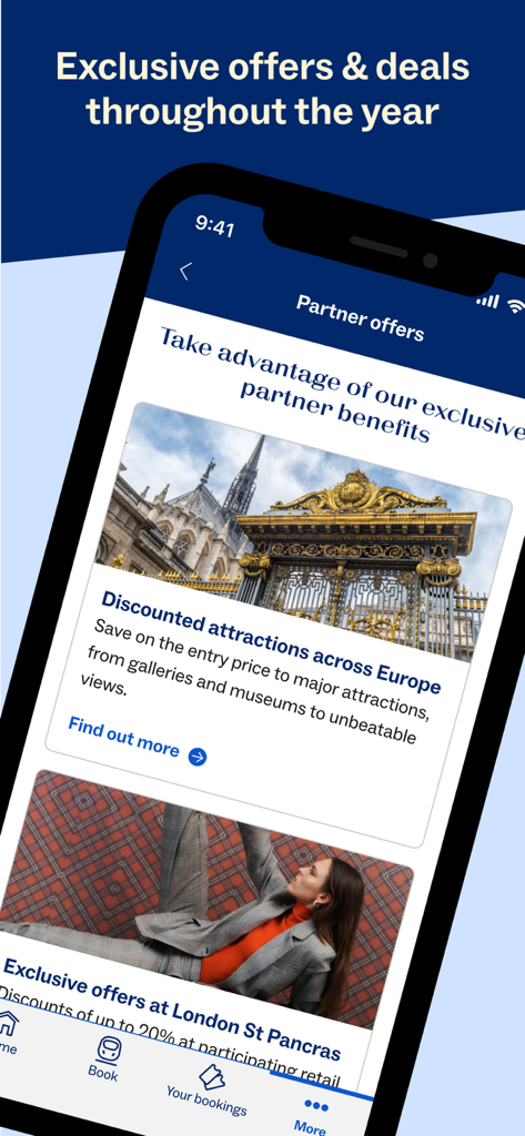 Eurostar: Train travel & Hotel - Eurostar app interface showing exclusive partner offers and travel deals for attractions in Europe and London St Pancras
