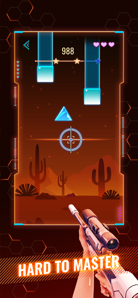 Vista en primera persona en el juego Rhythm Fire con un rifle de francotirador y notas rítmicas en un paisaje desértico