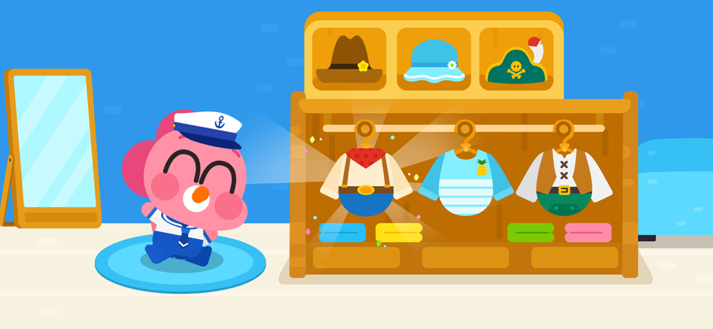 Cocobi Baby Care - Babysitter - A pink dinosaur character in a sailor suit choosing costumes from a wardrobe.