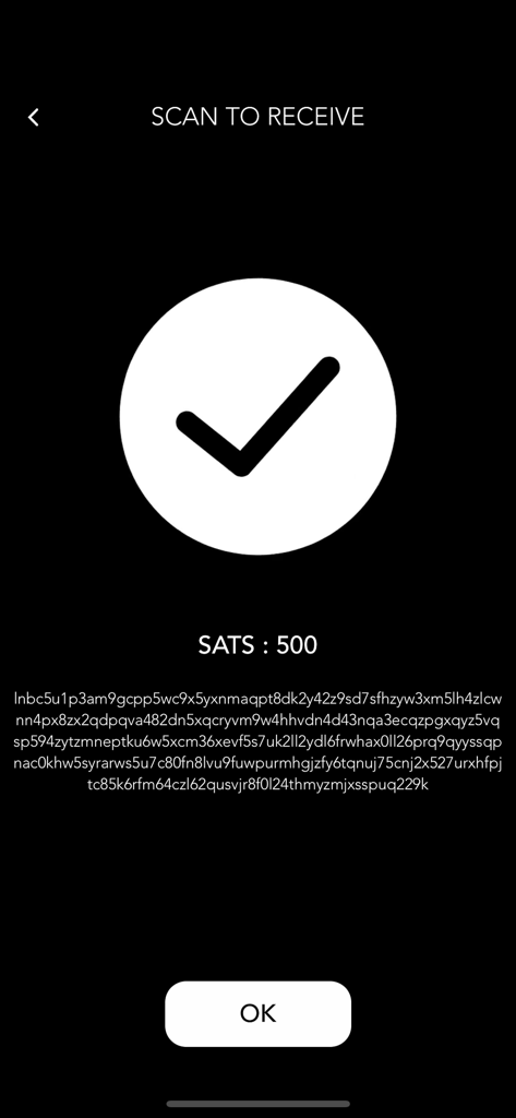 Satoshi Bitcoin Lightning - A confirmation screen in the Satoshi Bitcoin Lightning app showing a successful transaction for 500 sats with a large checkmark icon.