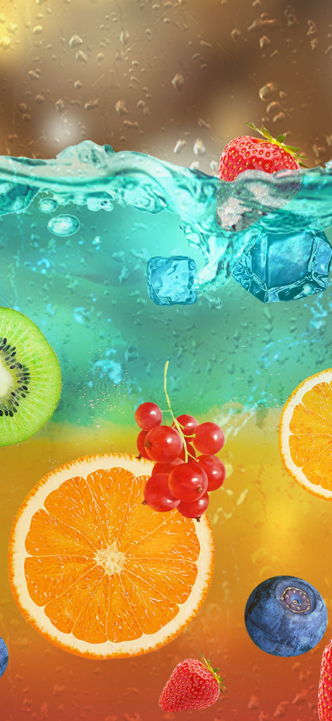 Uma bebida virtual colorida apresentando pedaços de frutas flutuantes e cubos de gelo em um copo de brincadeira