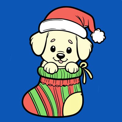 cute puppy wearing santa hat in socking