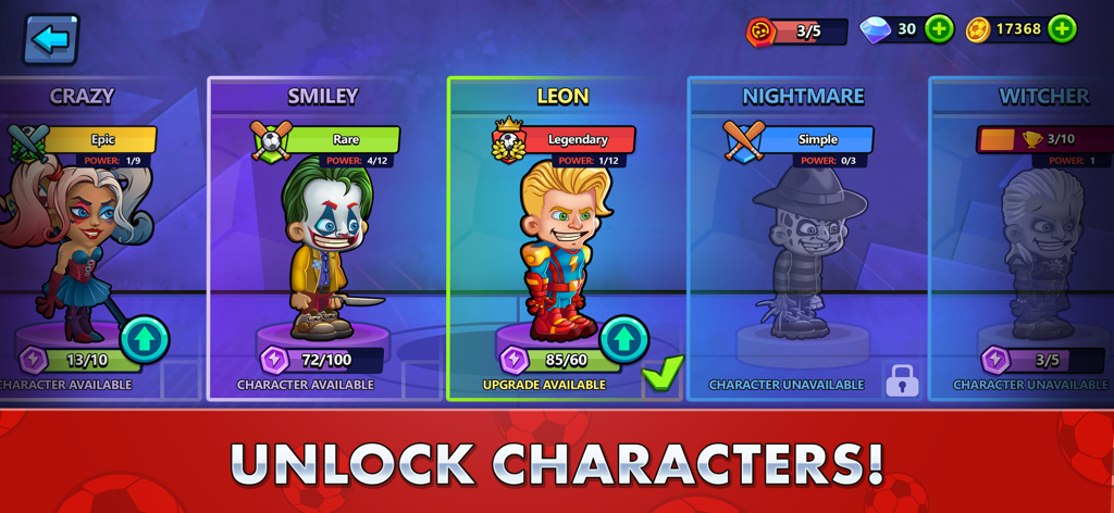 Street Soccer: Ultimate Fight - Pantalla de selección de personaje en Street Soccer Ultimate Fight con héroes desbloqueables como Leon y Smiley.