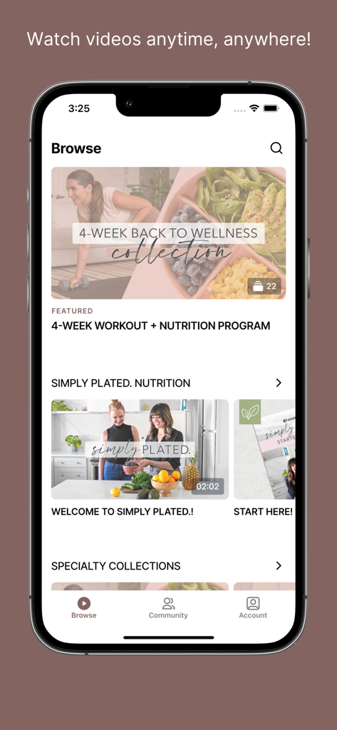 Jazzercise On Demand app browse screen featuring wellness collections and nutrition videos