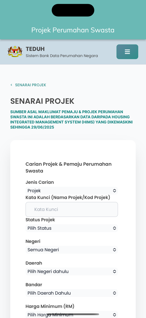 TEDUH - Search form for private housing projects and developers in the TEDUH app.