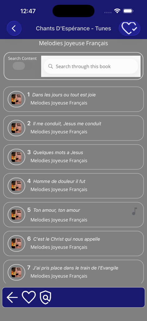 A list of numbered French hymns from the Melodies Joyeuse book in the Chants DEsperance app featuring a search bar