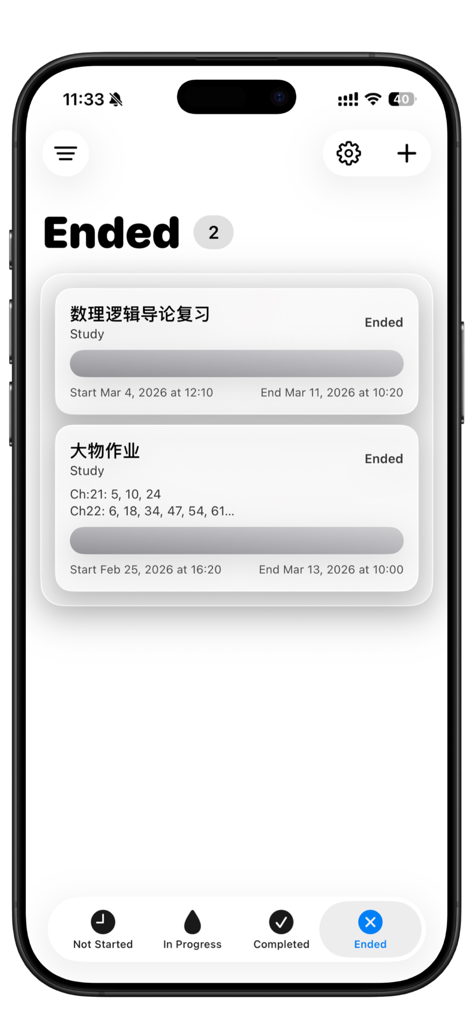 Liquid Deadline - Interface of the Liquid Deadline app displaying a list of ended tasks with progress bars and status labels