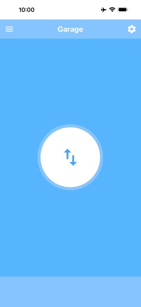 Tela principal do aplicativo Controle de Porta de Garagem mostrando um botão de controle central com setas para cima e para baixo em um fundo azul