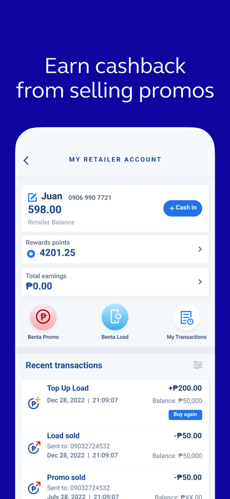 GlobeOne: Get More from Globe - Panel de cuenta de distribuidor en la aplicación GlobeOne que muestra ganancias e historial de transacciones por venta de promociones.