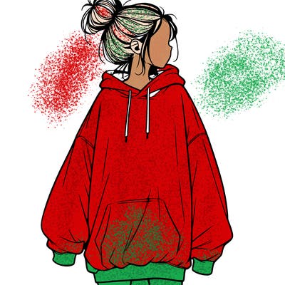 realistic girl with a oversized sweatshirt on and a bun
