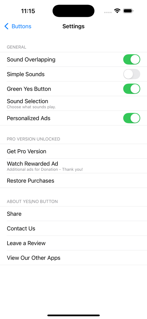 Yes / No Button - Menu des paramètres de l'application Bouton Oui Non affichant les options de superposition de sons, la couleur du bouton vert et les fonctionnalités d'accessibilité.