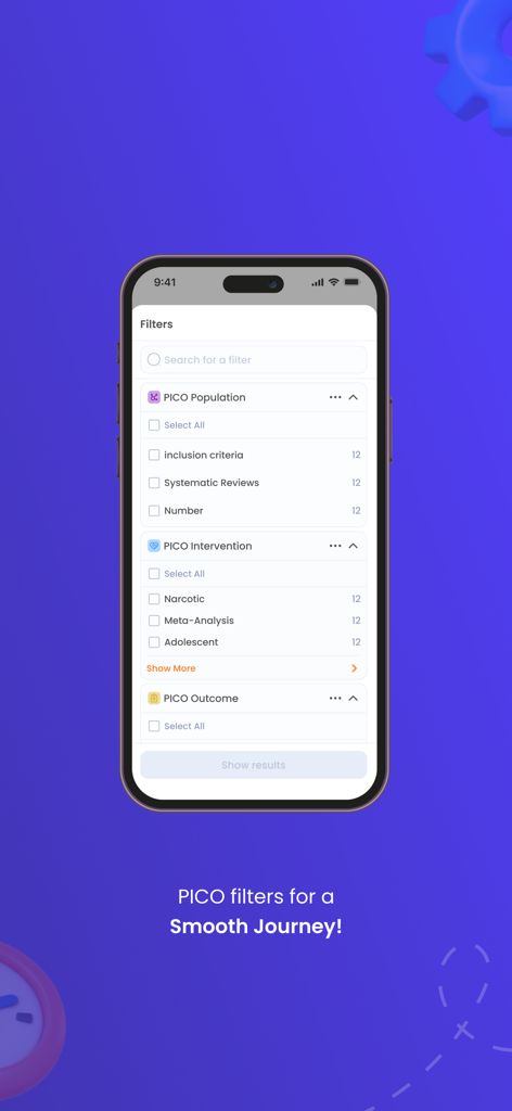 Rayyan app interface showing PICO filters for systematic literature review screening