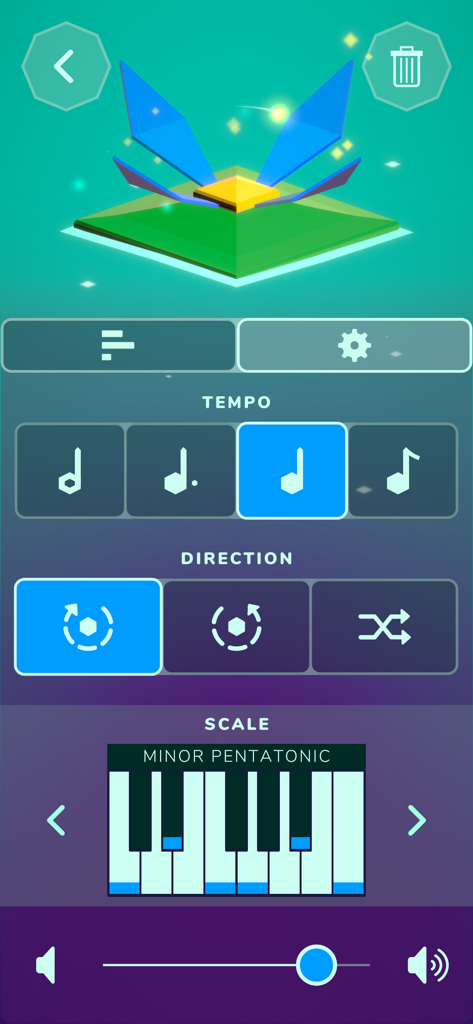The settings menu in the Lily app showing options for musical tempo, playback direction, and the minor pentatonic scale selection.