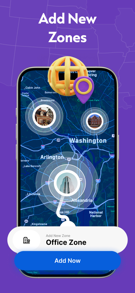 GPS - Phone Location Tracker - Smartphone-Bildschirm, der die GeoTrack360 App-Oberfläche zum Hinzufügen einer neuen Geofence-Zone auf einer Karte zeigt