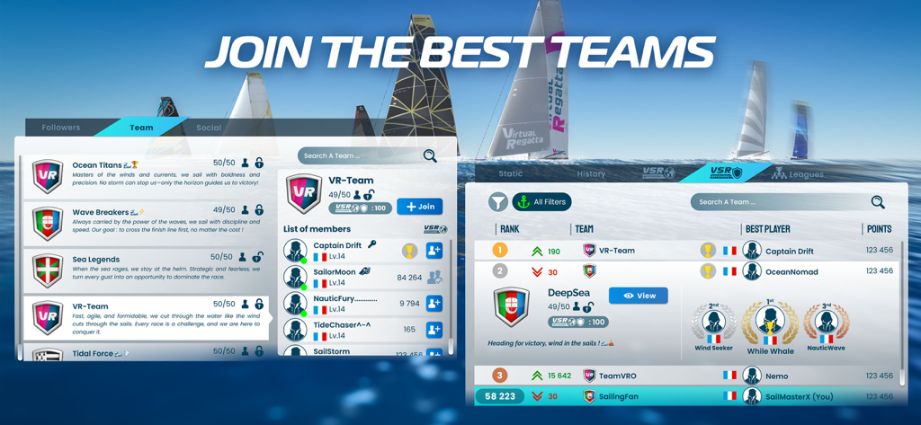 A screenshot of Virtual Regatta Offshore displaying the team selection menu and global league rankings.