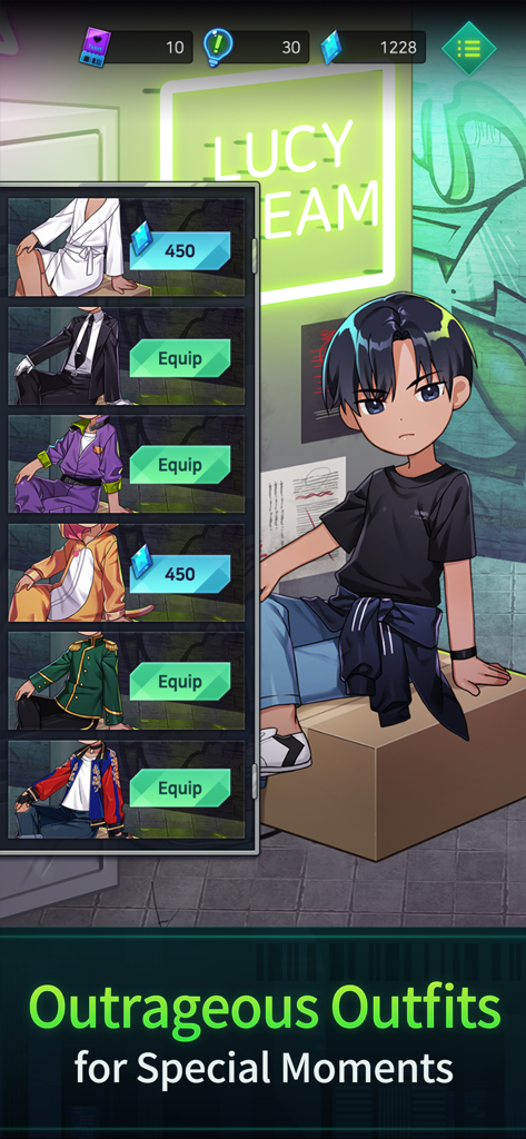 Pantalla de personalización de personajes en el juego BL Killing Kiss que muestra varios atuendos para equipar